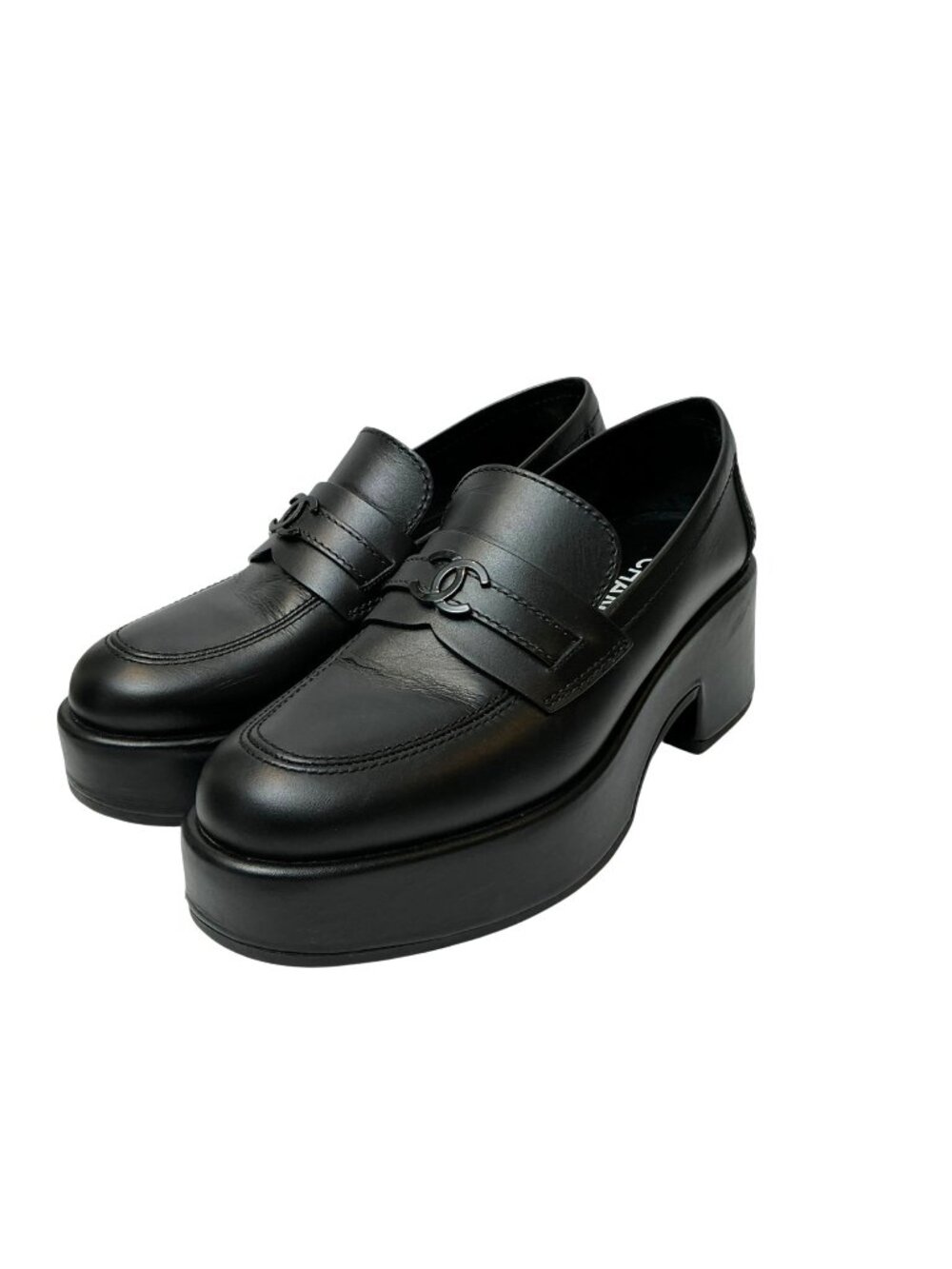 CHANEL Black Platform CC Leather Loafers Sz 7